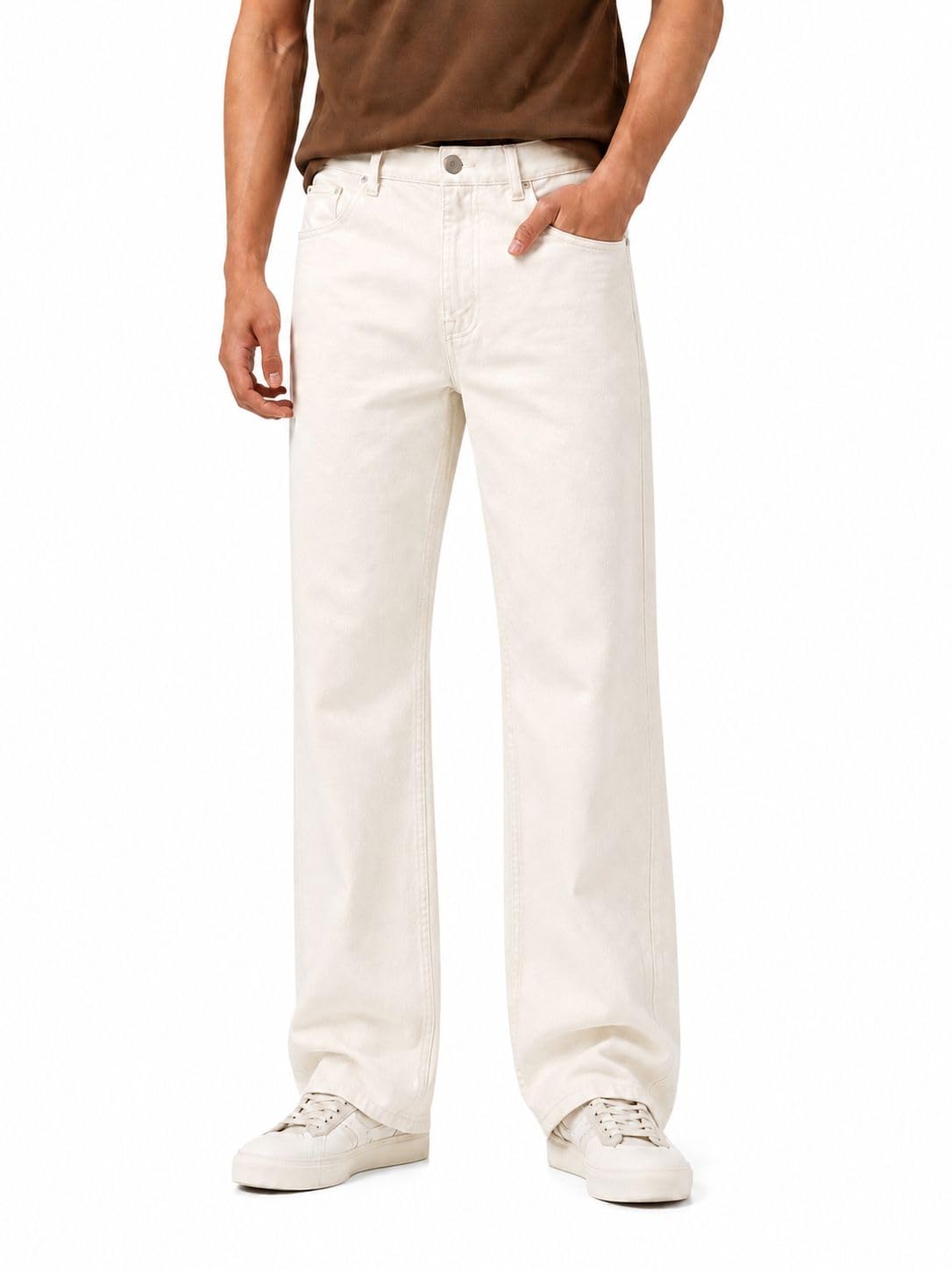 THEBBERA | Unisex Wide Leg Straight Fit Washed Denim Jeans | Mid Rise | Casual Baggy Jeans for Men & Women | Full Length | Beige Colour-picture-11