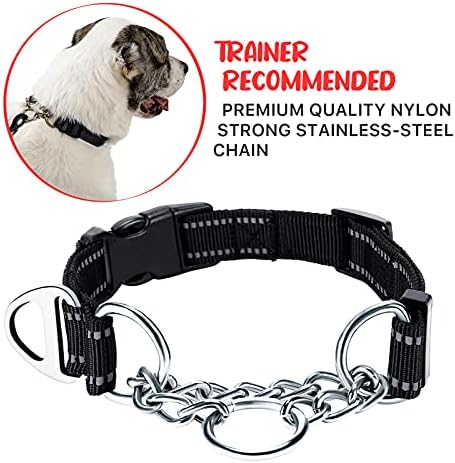 PETTOM Half Choke Dog Collar Adjustable Reflective Black Nylon Dog Choker Chain Collar, Chew Proof Metal Chain Half Check Collar for Medium Large Dogs (M: 43-52CM, Black)