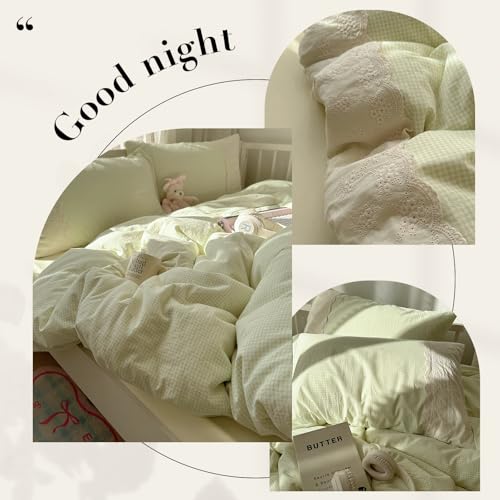 Image of MKXI Mint Green Gingham Duvet Cover Set King - 3-Piece Vintage Floral Bedding with White Lace Trim, Soft Washed Microfiber Princess Comforter Cover & Pillowcases for Girls, Sweet Cottagecore Style