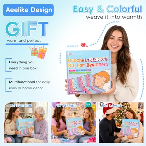 Image of Aeelike Blanket Crochet Kit for Beginners, Super Easy Crochet Blanket Kit with Soft & Colorful Gradient Yarns Detailed Video Tutorials Accessories, Ideal Gift for Crocheter & Aurora Blue Gradient