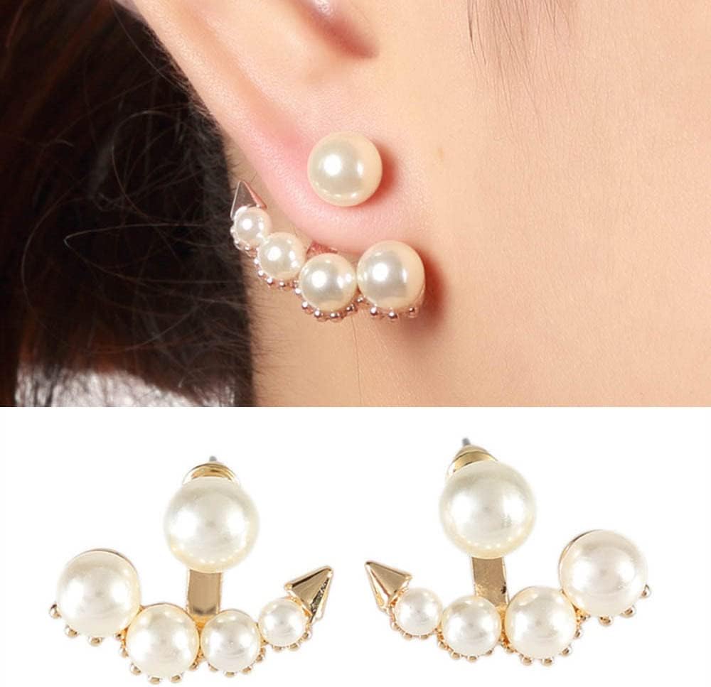 Jumwrit Pearl Ear Jacket Earrings Front Back Ear Cuffs Stud