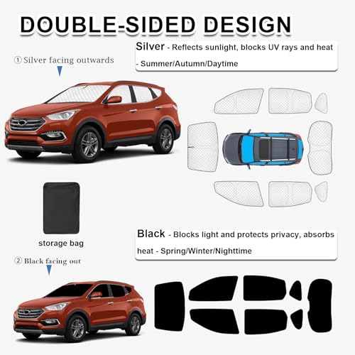 Image of KMF 8pcs Thicken Full Car Window Shades for Hyundai Santa Fe Sport 5 Seats Accessories 2013-2018(Not LWB), Windshield Sunshade Window Covers for Side Rear,UV Block and Blackout Privacy for Camping