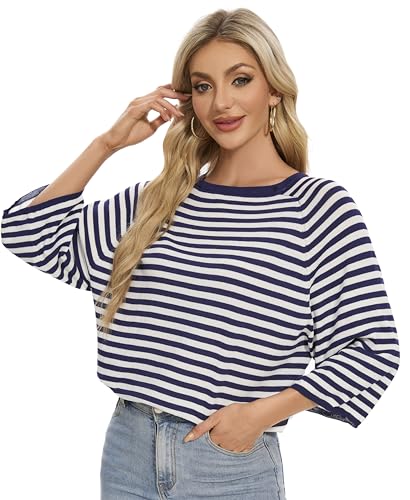 Image of Betu Women Striped Crewneck Batwing 3 /4 Sleave Fall Oversized Ribbed Knit Pullover Sweaters, 520 S