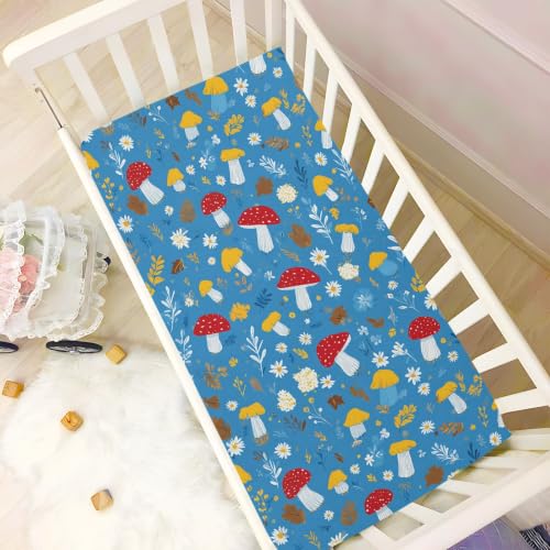 Image of Crib Sheet Breathable Soft Crib Mattress Sheet for Baby Toddler Boys Girls Fitted Pack n Play Crib Sheet Fit Standard Crib Mattress 52 x 28 Inch Blue Mushroom Daisy Leaf