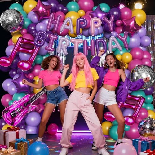 Image of 167PCS Purple Pink Teal K-Pop Music Themed Birthday Decorations with HAPPY BIRTHDAY &Musical Symbols & Disco Star & Guitar Foil Balloons for Kpop Music Girls Fans Birthday Party Grad Prom Decoration