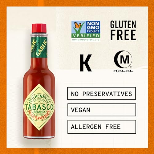 Image of TABASCO Brand Cayenne Garlic Pepper Sauce, Mild Hot Sauce, Glass Bottle, Smoky & Zesty Blend with Savory Garlic, Bold Flavor, Great for Italian Dishes & More, 2 Fl Oz (Pack of 1)