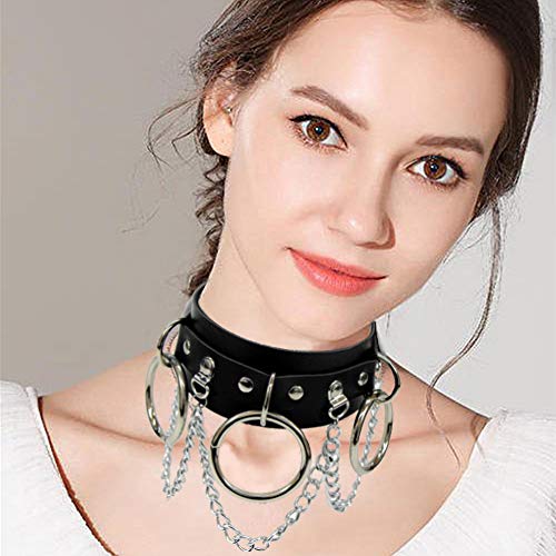 Kiwochy Breit Lederhalsband Halskette Damen Leder Choker mit Leine Ketten O Ring Metall Ring Halsband Lederhalsband Gotik Punk Lederhalsband Choker Spike Niete Kragen Halsketten Männer