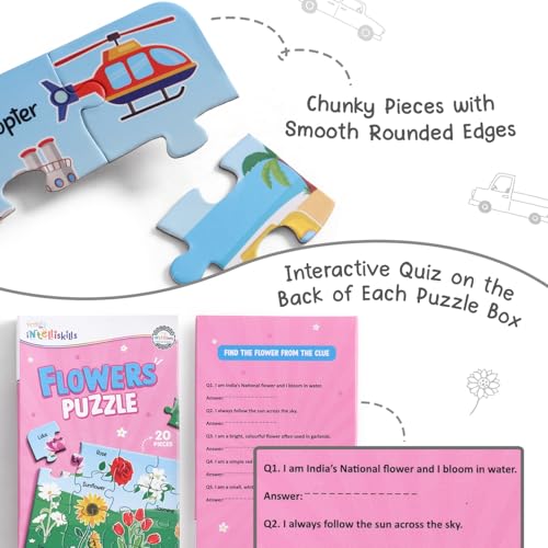Image of Intelliskills 8-in-1 Jigsaw Learning Puzzle Set for Kids,160 Pieces, 8 Packs, Fruits, Vegetables, Flowers, Birds, Vehicles, Wild, Farm & Aquatic Animals, 3 Years+, BIS Certified, for Gifting