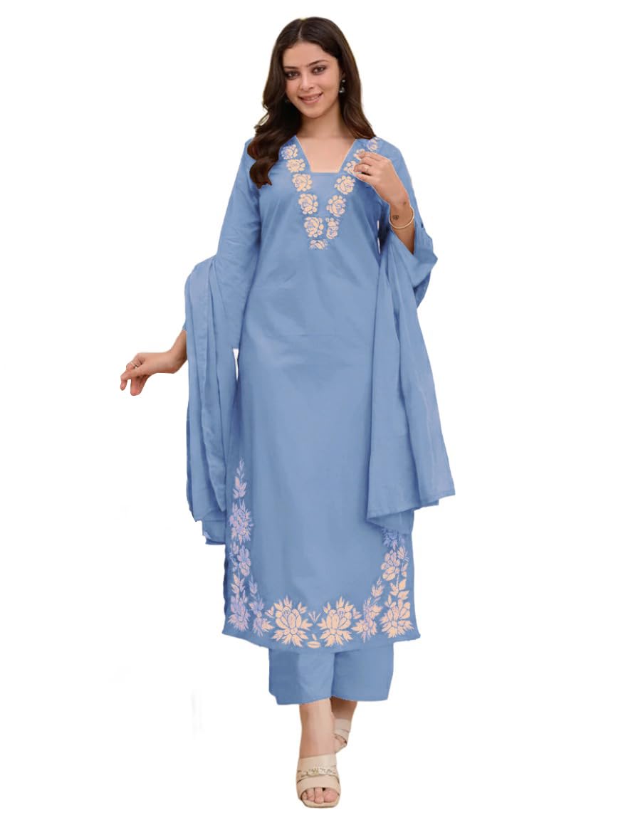 ANNI Designer Pure Cotton Embroidered Kurta Set for Women | Rust Orange Kurta with Pants & Dupatta | Floral Neck & Hem Embroidery | Cotton Kurta Set for Women | 10 Colour Options Available