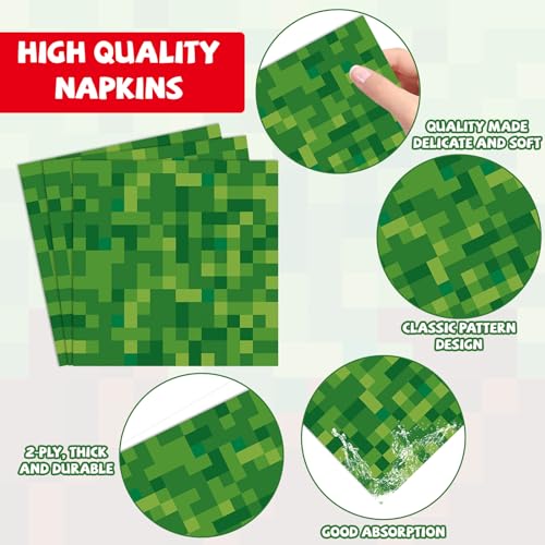 96Pcs Pixel Themed Plates and Napkins for Mining Pixel Party Supplies Pixel Birthday Dessert Disposable Plates Video Game Party Tableware set for 24 Guests Baby Shower Kid Teen Birthday Party Supplies - Thumbnail 4