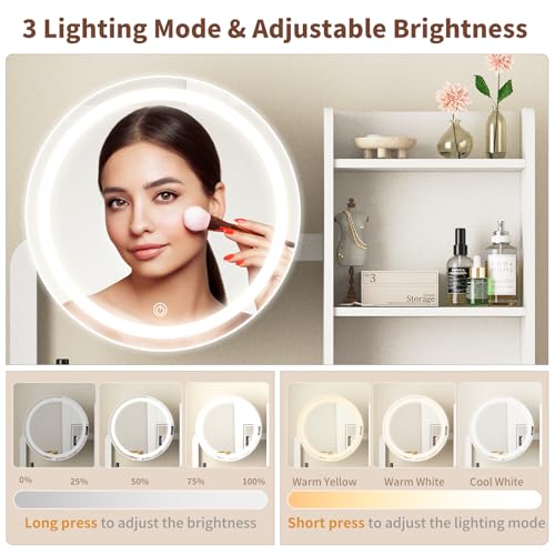 Image of VFK Small Vanity Desk with Mirror and Lights, Makeup Vanity Table with LED Mirror, 3 Lighting Modes, Power Outlet, Drawer, Open Shelves and Cushioned Stool for Bedroom (White)