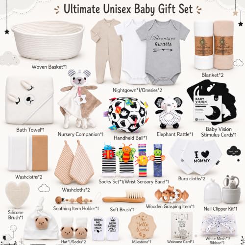 Image of Ultimate Gender-Neutral Baby Gift Basket, High-Contrast Black & White Newborn Essentials, Premium All-in-One Unisex Baby Shower & Gender Reveal Gift Set for Boys & Girls with Swaddle Diaper Caddy
