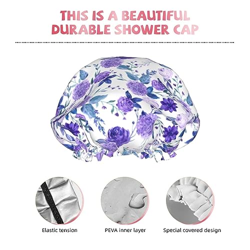 Image of Violet Purple Rose Shower Cap For Women Adjustable Double Waterproof Layers Bathing Shower Hat Hair Protection Reusable Ladies Spa Salon Shower Hat