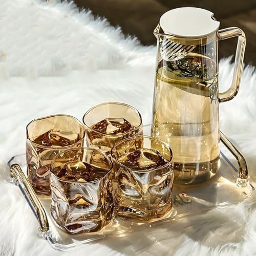 Image of Premium Water and Juice Brown Glass & Borosilicate Glass Jug Set Combo [6 Piece Glass 300ML & 1 Piece Jug 1.8 Liter] Transparent Pitcher Set For Dining Table,Home & Restaurant,Party (MTS - 09)