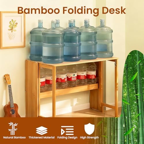 41" Bamboo Folding Desk with Bookshelf, Folding Bamboo Desk for Small Spaces, Computer Table Space Saving, Wooden Desks for Home Bedroom Study Office Bamboos Writing Desks, Primary - Thumbnail 5