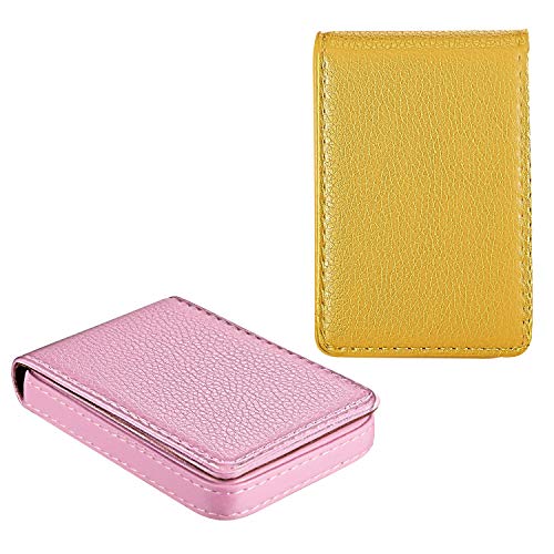 Image of Outus 2 Pieces Business Card Holder, PU Leather Business Card Case Pocket Wallet with Magnetic Shut for Christmas Gift Men Women(Yellow and Pink,Classic)