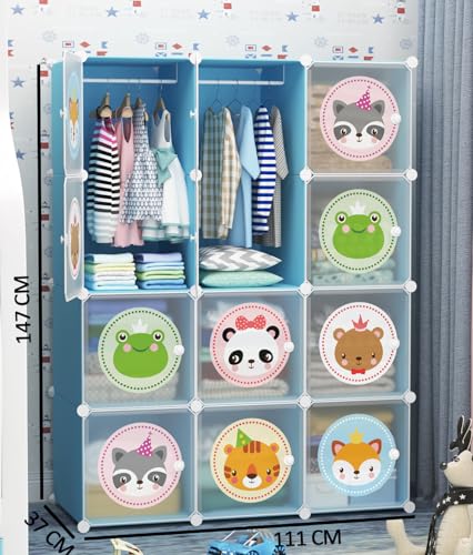 Image of Sunderlook Plastic Wardrobe for Kids Clothes - Collapsible Wardrobe, DIY Foldable Baby Almirah for Clothes, Heavy Duty Freestanding Storage Baby Cupboard for Kids (Blue-KTO2, 12 Door)