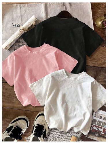 SweatyRocks Girl's 3 Pack Cartoon Graphic Tee Shirt Short Sleeve Crew Neck Funny Loose Tee Tops2