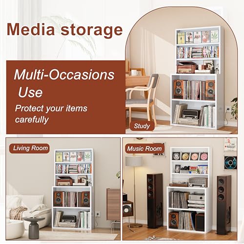 Image of DVD Storage Cabinet, Record Player Stand, White | Heavy-Duty Metal, Media Storage Shelf, Open Display Shelves for LPs, CDs, Books & Audio Equipment, Modern DVD Shelf Organizer