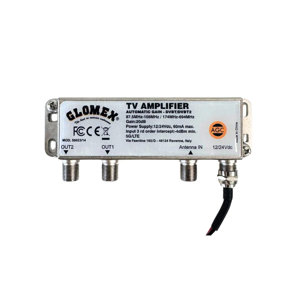Glomex – Amplificatore TV/FM con Controllo Guadagno Automatico (AGC) 12/24Vdc, Modello 50023/14 – 2 Uscite, per Antenne TV Non Pre-Amplificate, Per barche a vela, motore, gommoni, yacht