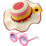 Jecery Girls Straw Sun Hat with Flower Sunglasses, Kids Summer Beach Floppy Cap Fits Head 50-52 cm, Toddlers...
