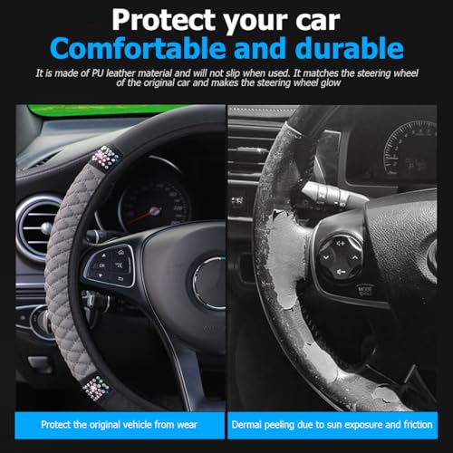 Image of Osilly Bling Car Steering Wheel Cover, 15 Inch Rhinestones Soft Leather Elastic Steering Wheel Protector, Sparkly Crystal Diamond for Women Girls (Gray)