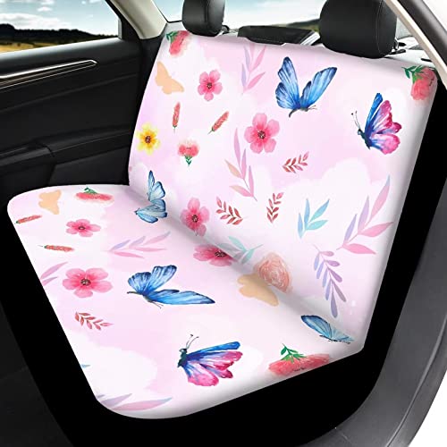 Image of Flower Butterfly Design Pink Seat Covers for Cars Full Set Elastic Durable Non Slip Two Front Seat Cover Rear Bench Universal Car Seat Protector Fit Trucks SUV Comfort Soft Automotive Seat Cover
