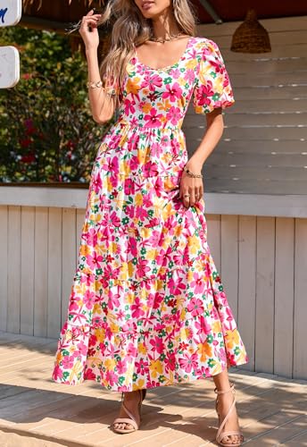Image of PRETTYGARDEN Puff Short Sleeve Cewneck Floral Long Fall Dresses for Women 2025 Flowy Tiered Hem Maxi Wedding Guest Dress