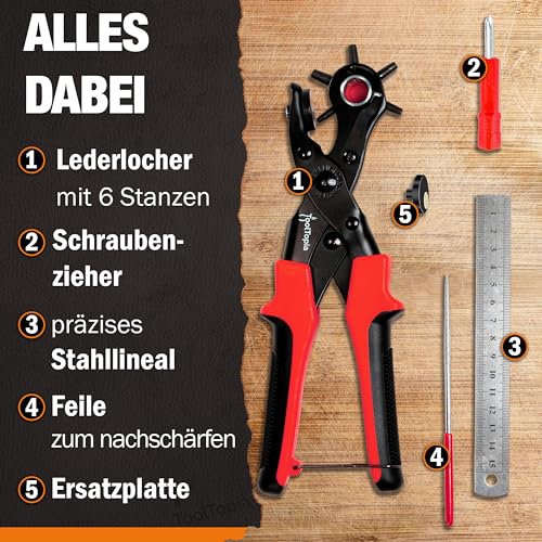 Lochzange für Leder [KOMPLETTSET], Locheisen | Lochstanzer als Leder Werkzeug, Papier, Gürtel Locher, oder Lochstanze für Stoff, Biothane, Kunstleder etc. Hole Puncher mit Komforthebel