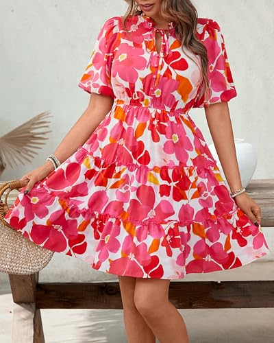 Image of BTFBM Women Summer Floral Short Dresses V Neck Short Sleeve Tiered Ruffle Boho Swing Dress A-Line Mini Dresses