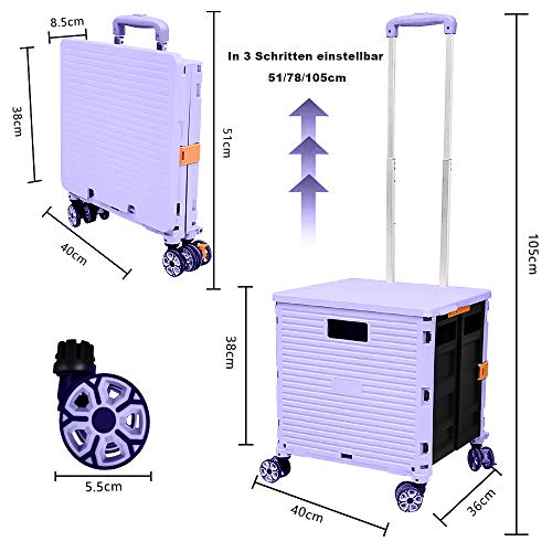 Foldable Utility Cart Folding Portable Rolling Crate Handcart Shopping Trolley Wheel Box With Lid Wear-Resistant Noiseless 360°Rotate Wheel For Travel Shopping Moving Storage Office Use (Purple) #TOP6