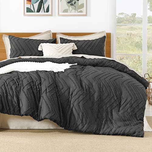Image of Litanika Boho King Comforter Set, 3 Pcs Dark Grey Lightweight Bedding Set