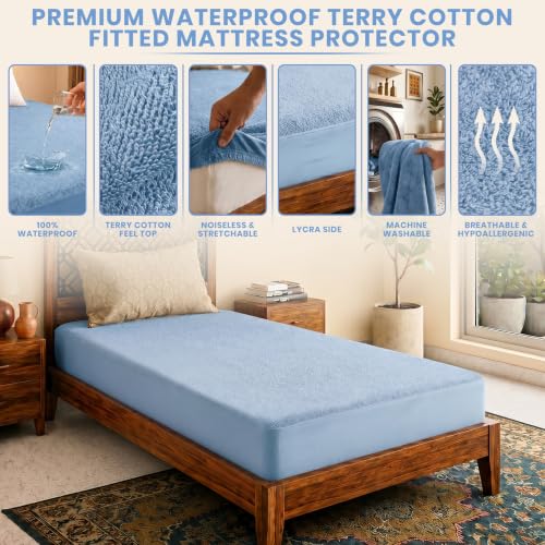 Image of Lithara Terry Cotton Fitted Mattress Protector for Single Bed | Waterproof & Elastic Band | Ultra Soft & Hypoallergenic Mattress Cover | Size : 36 x 72 Inches (3 x 6 Feet) | (Sky Blue)