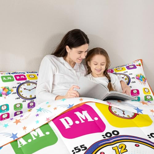 Image of Feelyou Educational Bedding Set King, Time Learning Comforter for Kids Boys Girls Time Colock Comforter Set Educational Duvet Set 3Pcs