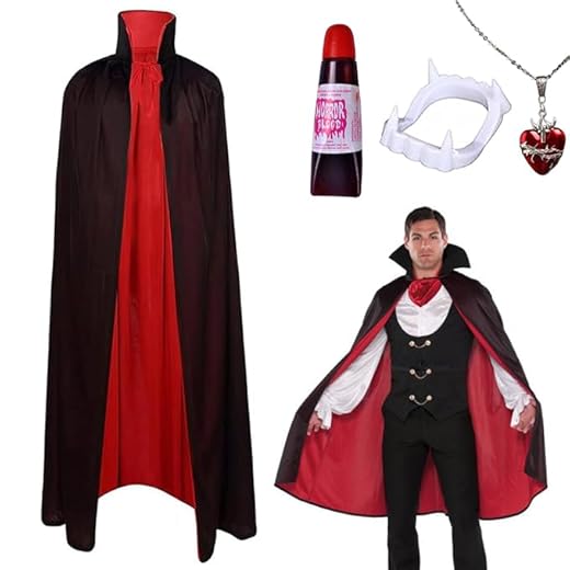 Costume da Vampiro di Halloween,Vampiro Collo Alto Mantello,Mantello vampiro Reversible Nero e Rosso,Costume Vampira Per Bambini e Adulti,mantello da Dracula con Zanne Finto Sangue Collana (L-150cm)
