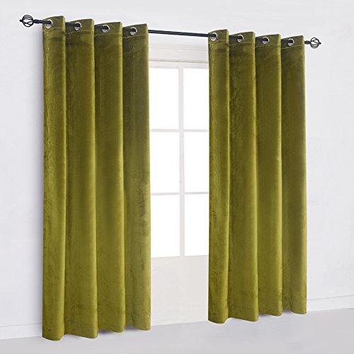 Cherry Home Super Soft Luxury Room Darkening Velvet Moss Green Thermal Blackout Curtain Panel Drapes Grommet Draperies Eyelet 52Wx72L Inch Green Yellow,2 Panels #TOP1