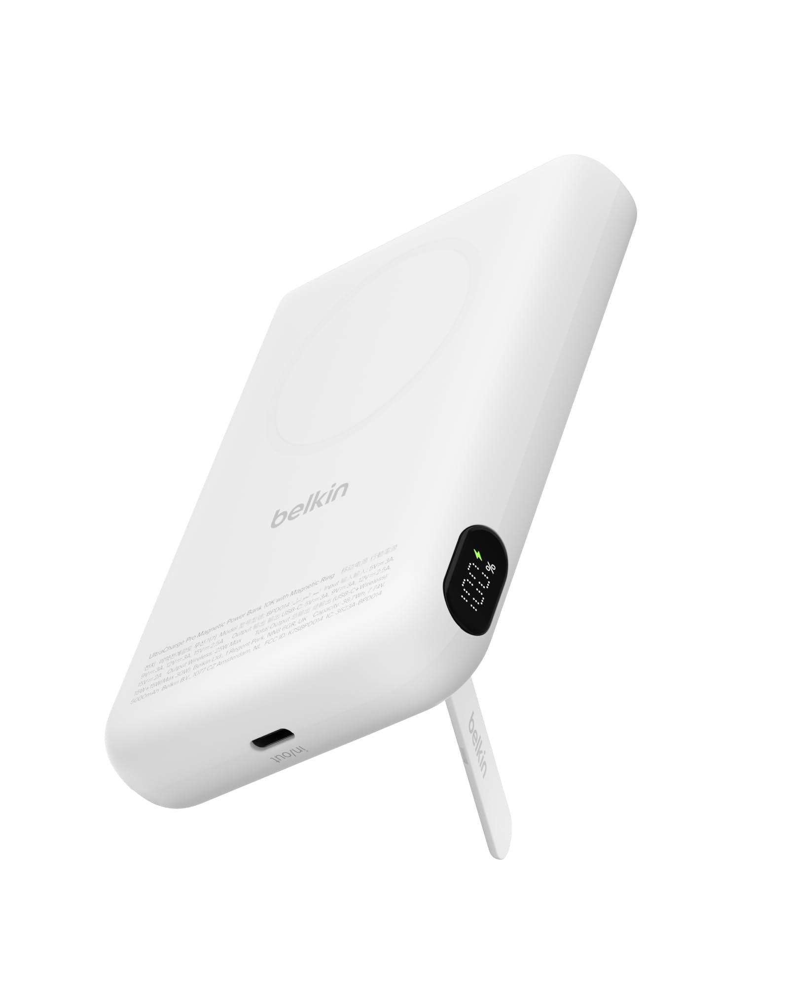 Belkin BoostCharge Power Bank Magnetico 5000mAh con Supporto - Bianco | Caricatore Portatile 5000mAh Wireless, Anello Magnetico, Porta USB-C, Pre-Caricato, Cavo Incluso, Sicuro per l'Aereo