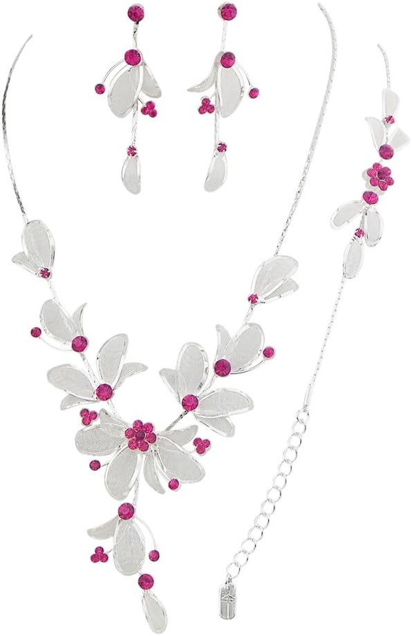 Rosemarie Collections Women's 3 Piece Rhinestone Crystal And Metal Mesh Floral Statement Necklace Bracelet Earring Jewelry Set, 17"+4" Extender