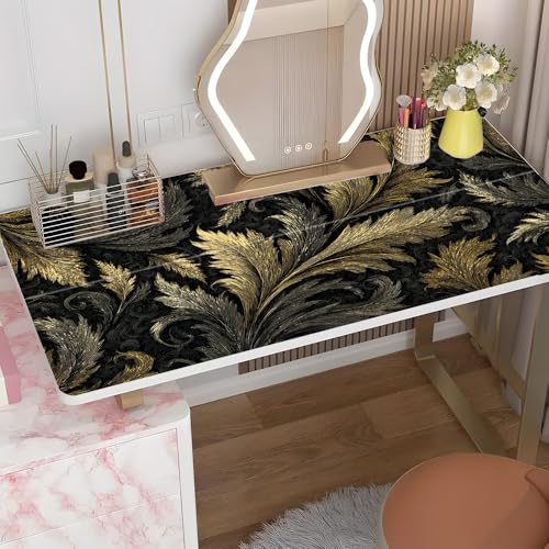 Image of Black Gold Baroque Desktop Sticker 39.37x23.62In, Luxury Leaf Pattern Desk Decal, Easy Clean Table Surface Sticker, Elegant Office Home Decor