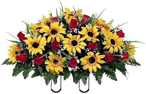 Artificial Sunflower Rose Cemetery Flowers - Realistic - Outdoor Grave Decorations Arrangement Saddle for Headstone,Outdoor Tombstone Memorial Decorations, Easy Fit (Red Yellow) image 4