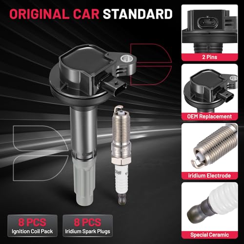 Image of BDFHYK 8 Ignition Coil Pack UF824 and 8 Iridium Spark Plug XP5363 Compatible with 2016 2017 F150 Mustang 5.0L V8 Coil for UF824T DG561 FR3Z-12029-A