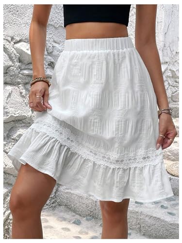 SweatyRocks Women's Contrast Lace Ruffle Hem High Waist A Line Knee Length Skirts4