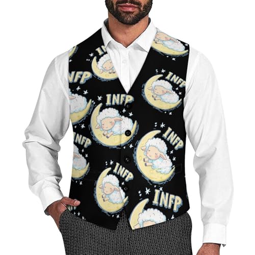 MBTI INFP Sheep Sleeping On Moon Casual Suit Vest for Men Formal Business Dress Regular Fit Waistcoat Tuxedo
