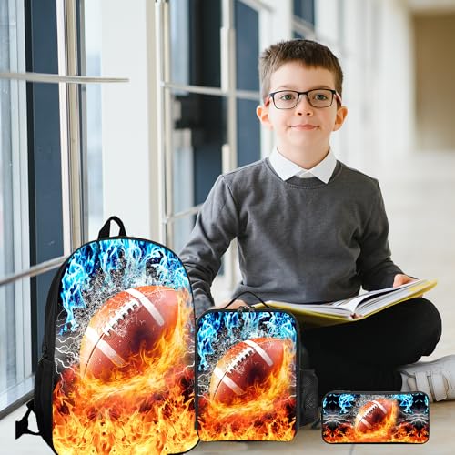 3PCS Football Backpack Set for Boys, Lightweight Large Backpack with Lunch Box & Pencil Case, Cool Sport Bookbag for Kids, Back to School Backpacks for Elementary & Middle School - 013