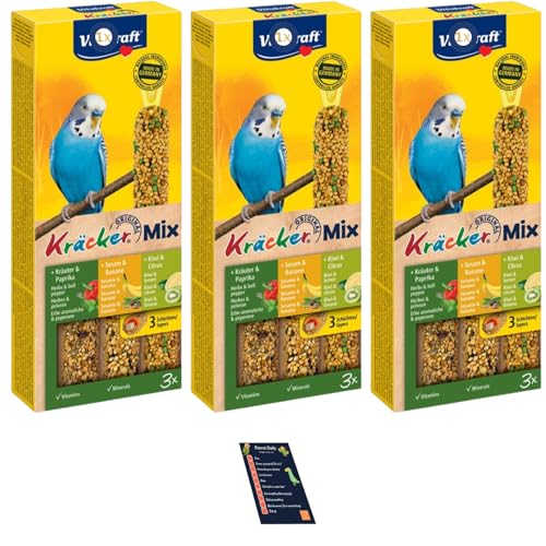 3x packs of Budgies Crackers Trio-Mix (9 sticks in total - including Sesame Seeds, Herbs, Paprica, Banana, Kiwi, Lemon) with Info Card