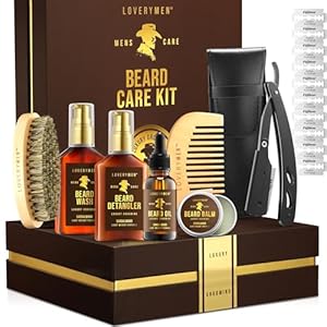Beard Care Kit for Men, Fathers Gifts for Dad Sandalwood Mens Grooming Kit with Straight Edge Razor, Beard Oil, Balm, Wash, Detangler, Brush, 11pc Birthday Gift for Him, Boyfriend, Gifts for Men