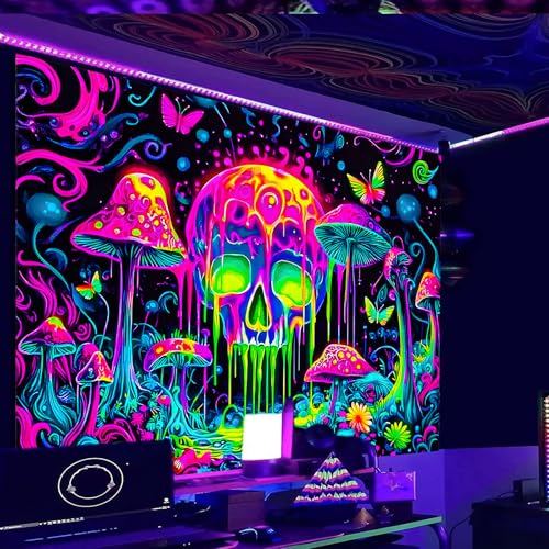 Image of Nuxovilar Trippy Mushroom UV Reactive Tapestry 59.05 inchx51.18 inch Polyester