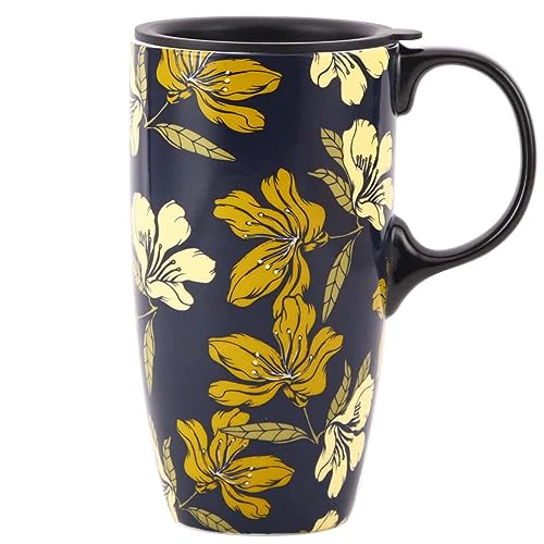 DUSVALLY Ceramic Mug Large Coffee Cup Tall Mugs Porcelain Latte Tea Cup with Lid 17oz,Yellow - Image 2