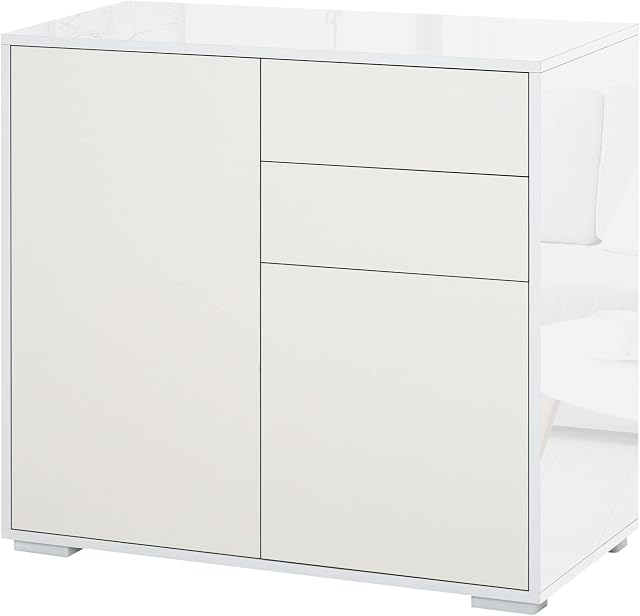 HOMCOM High Gloss Frame Sideboard, Side Cabinet, Push-Open Design with 2 Drawer for Living Room, Bedroom, White