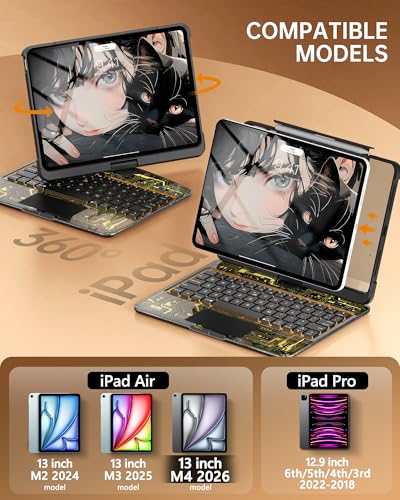 Image of Intermerge Transparent Case with Keyboard for iPad Air 13 inch(M4 / M3 / M2, 2026 /2025 / 2024) & Pro 12.9 inch (2022-2018) - 360 Swivel Multi-Touch Trackpad, 7-Color Backlit, Pencil Holder, Shadow Pulse